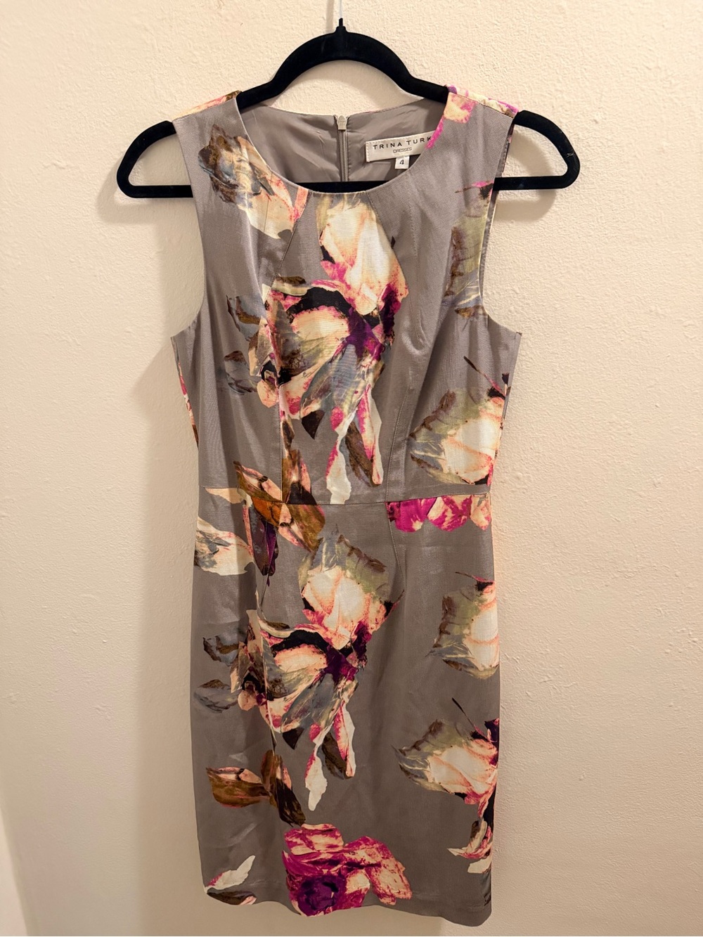 Trina Turk Gray Floral Sheath Dress with Pink and Cream Blooms
